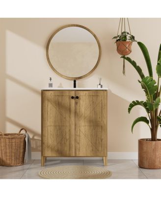 29" Antique Bathroom Vanity with Sink, Quick-Install Folding Storage, Eco MDF Matte 3D Embossed Finish, Large Capacity