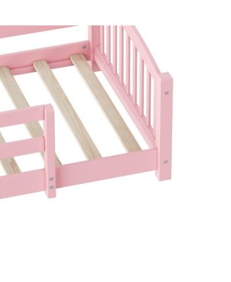 Twin Montessori Floor Bed with Slats, Safety Guardrails, Solid Wood