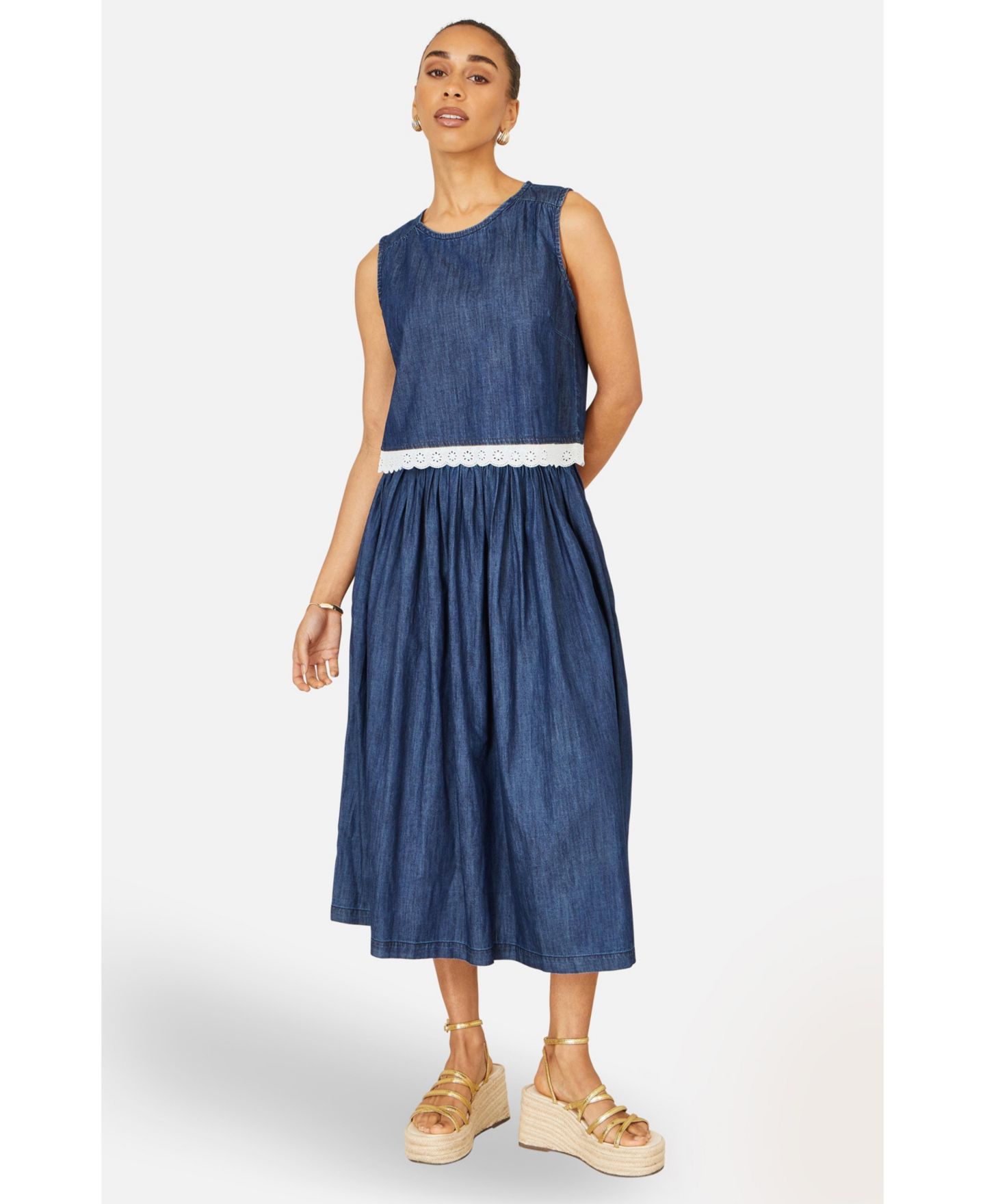 Женская юбка Yumi Denim Chambray Gathered Midi, цвет: Синий — фото 5