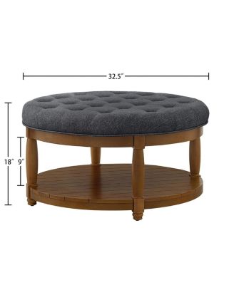Large Tufted Linen Ottoman Coffee Table with Solid Wood Shelf