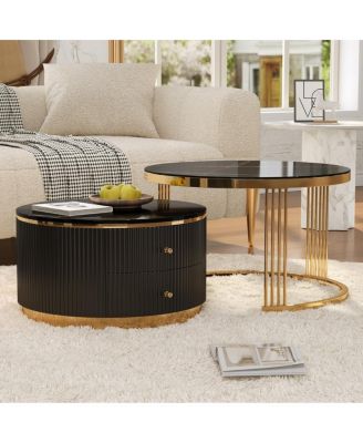 Modern 2 Pieces Round Nesting Coffee Table with Drawers