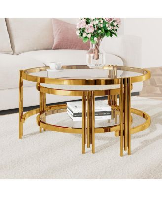 Modern 2-Piece Gold Textured Glass Coffee Table Set
