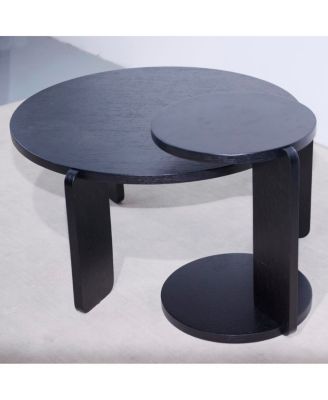 Nesting round wood coffee table set of 2, black oak veneer top, water/wear-resisting