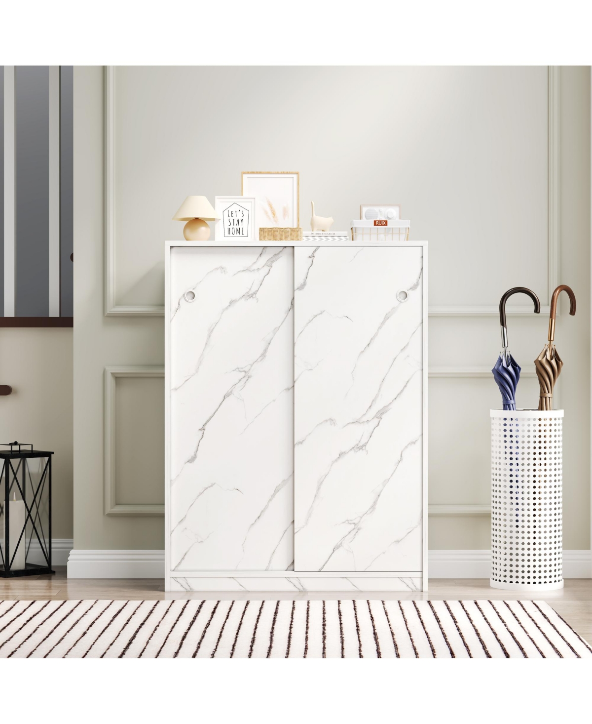 Rainsken 6 Tier Marble Texture Shoe Cabinet, Freestanding Shoe Organizer Holds 30+ Pairs Shoes with Sliding Door for Entryway