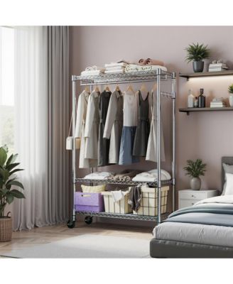 Heavy Duty Garment Rack on Wheels, 3 Tiers Adjustable Wire Shelving, Clothes Rack with 1 Rods and Side Hooks for Bedroom and Wardrobe, Chrome