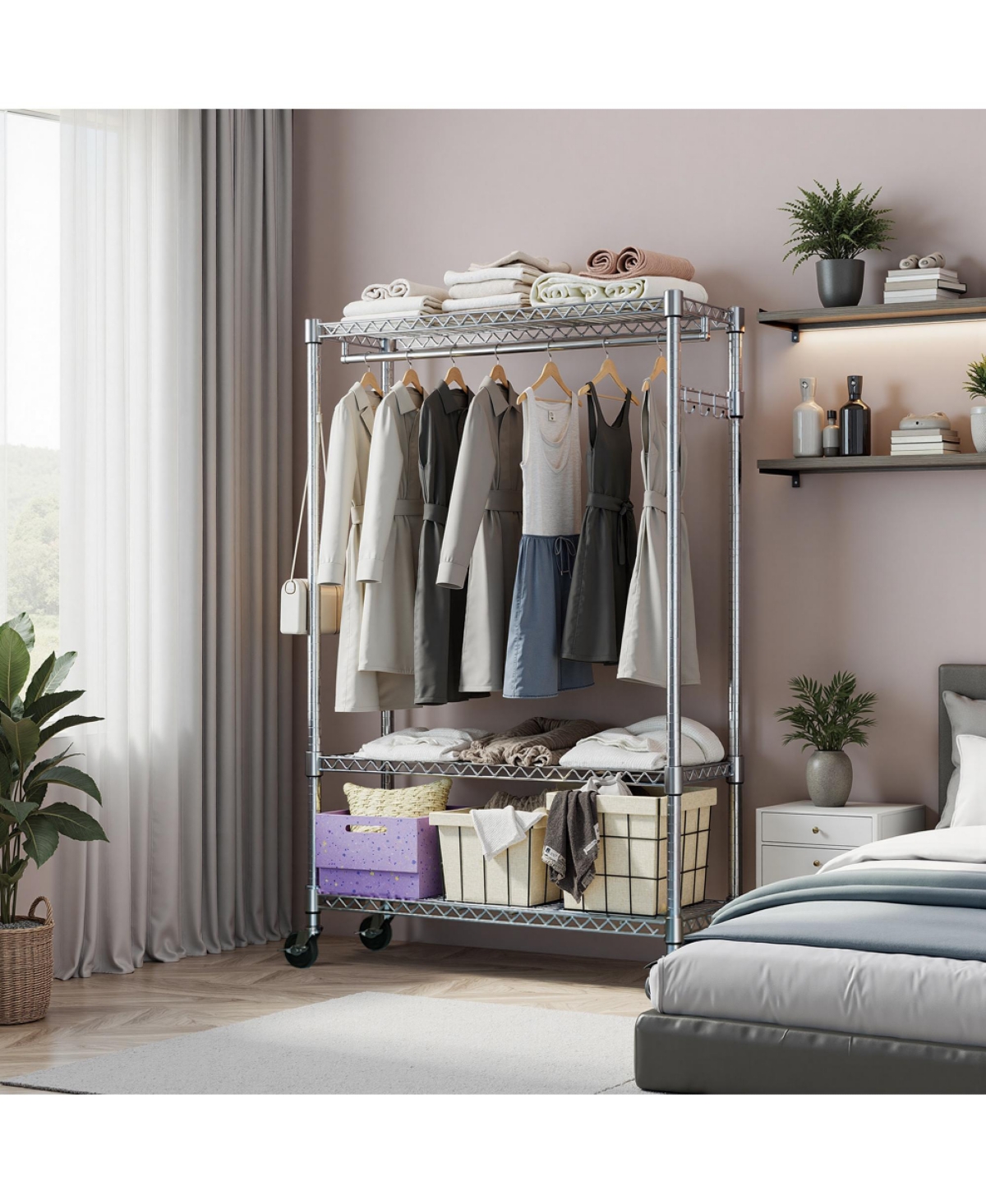 Rainsken Heavy Duty Garment Rack on Wheels, 3 Tiers Adjustable Wire Shelving, Clothes Rack with 1 Rods and Side Hooks for Bedroom and Wardrobe, Chrome