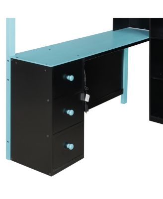 Full Size Wood Loft Bed with Desk, Ample Storage Space and Light