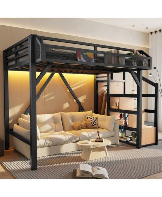 Twin Loft Bed with Storage Stairs, Shelves, Wardrobe, USB, LED