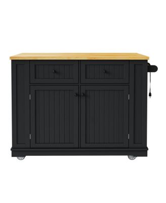48" Large Kitchen Island with Drop Leaf, Power Outlet, Storage, Black