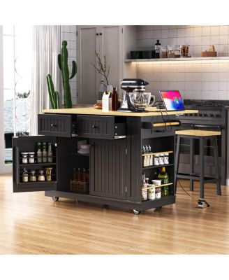 48" Large Kitchen Island with Drop Leaf, Power Outlet, Storage, Black