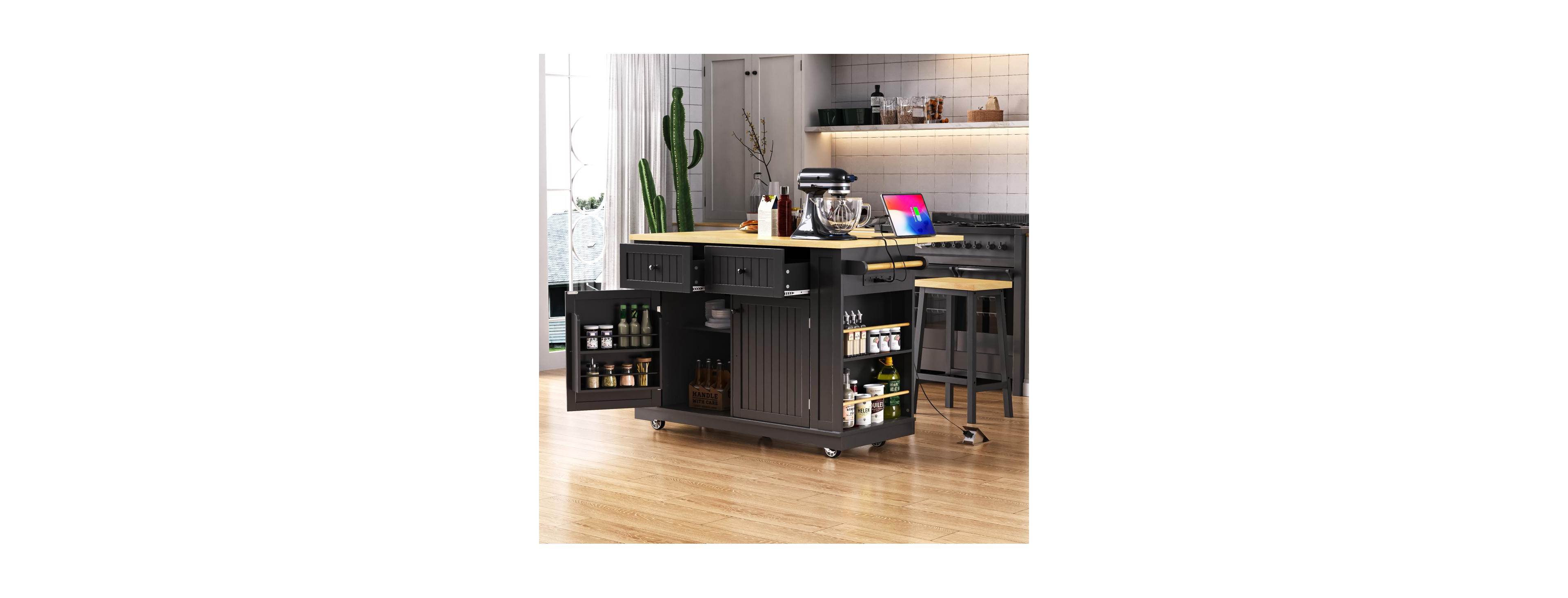Streamdale Furniture 48" Large Kitchen Island with Drop Leaf, Power Outlet, Storage, Black