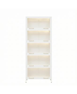Iron Display Cabinet with Glass Doors, 5-Tier Steel Bookcase with LED Lights