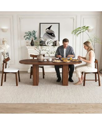 Oval Dining Table Set for 6 with 4 Chairs, Walnut Veneer, Farmhouse Style