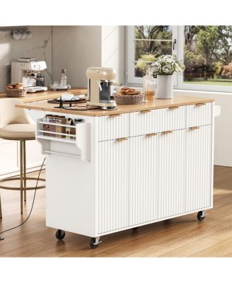 Fluted Kitchen Island with Storage, Drop Leaf, Power Outlet, 4 Doors, 3 Drawers