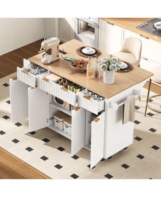 Fluted Kitchen Island with Storage, Drop Leaf, Power Outlet, 4 Doors, 3 Drawers