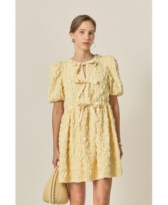 Women's Bow Detailed Puff Sleeve stretchy Mini Dress