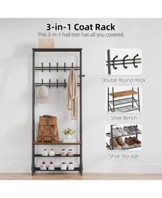 Hall Tree for Entryway - 5 Hooks 4-Tier Shelf Metal & MDF Storage Organizer