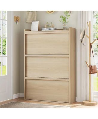 Natural Oak Freestanding Shoe Cabinet - 3 Flip Drawers + Drawer Adjustable Wooden Entryway Organizer