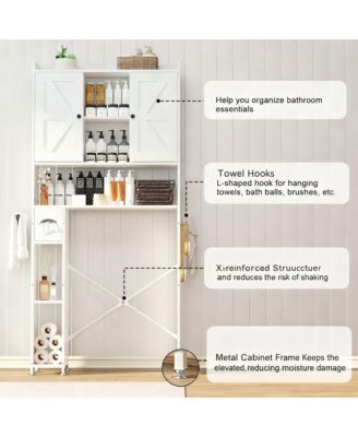 Metal Frame Over Toilet Cabinet with 7 Shelves & Hooks for Farmhouse Style
