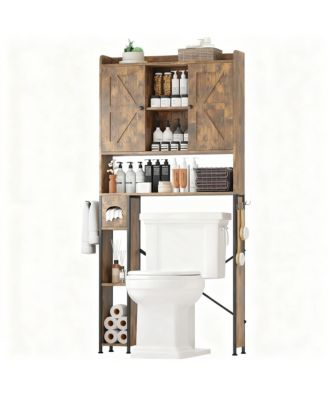 Metal Frame Over Toilet Cabinet with 7 Shelves & Hooks for Farmhouse Style