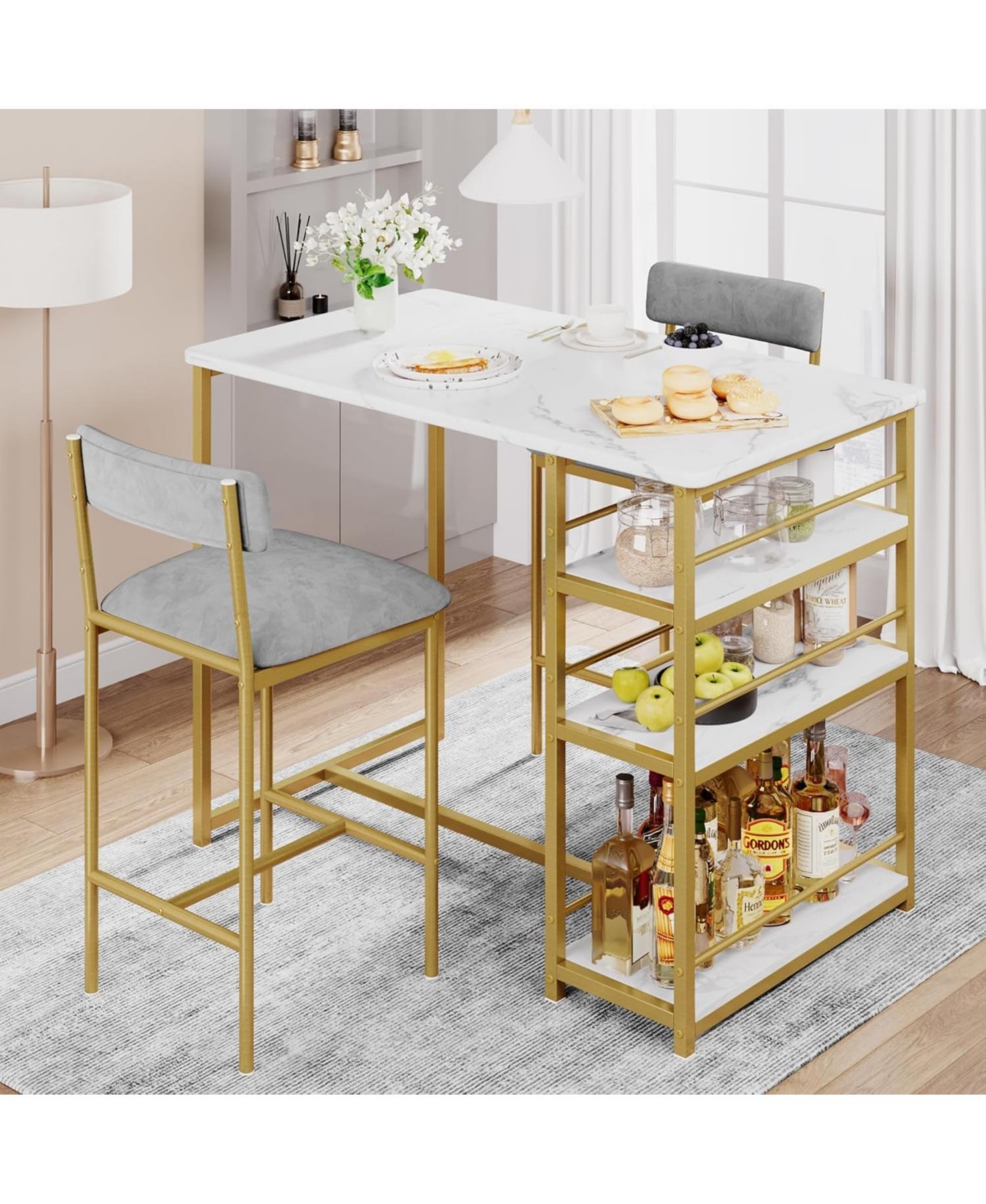 gaomon Dining Table Set for 2 Kitchen Table and Upholstered Chairs for 2 3 Piece Counter Height Bar Kitchen Table Set with 3 Storage Shelves