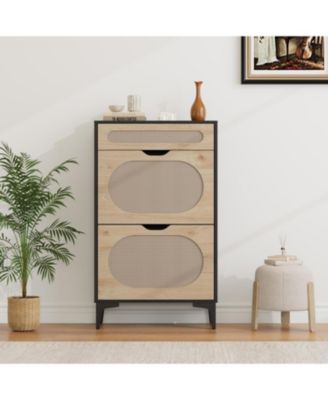 Rattan Shoe Cabinet with 2 Flip Drawers & 1 Pull Out Drawer – Wooden Shoe Storage Cabinet with Adjustable Shelf & Metal Legs