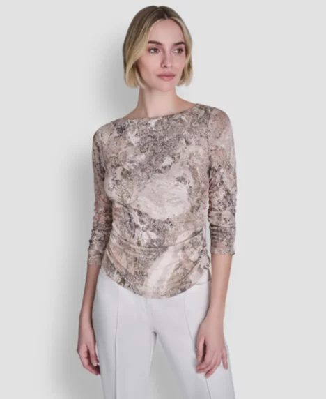 Petite Boat Neck Printed Top - Coconut/Travertine