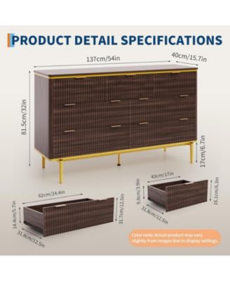 7 Drawers Dresser for Bedroom, 54in Wide Fluted Chest of Drawers Dresser Wood Storage Cabinet Curved Design TV Stand with Metal Handles