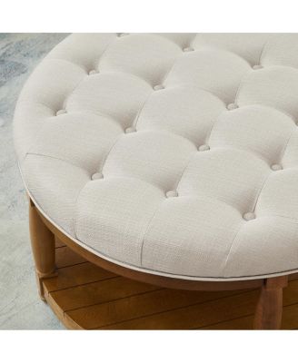 Large Tufted Linen Ottoman Coffee Table with Wood Shelf Storage