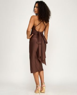 Juniors' Back Strap Sash Detail Fitted Midi Dress