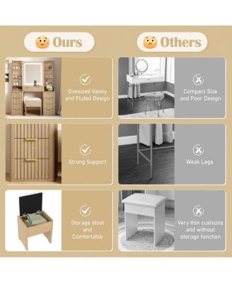 43.5" Fluted Makeup Vanity Desk with Mirror, Lights, 10 Drawers, 2 Cabinets, Stool