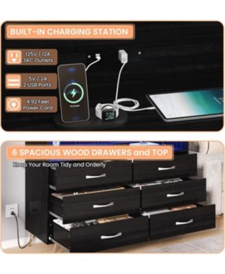6-Drawer Dresser with USB Charging Station & LED Lights, Modern Wide Chest of Drawers, Large Bedroom Storage Tower Organizer in Black