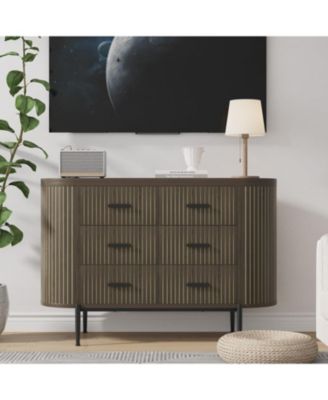 Fluted 6 Drawer Dresser for Bedroom, 59in Large Mid Century Modern Wooden Chest Dresser TV Stand with Curved Profile Design and Gold Handles