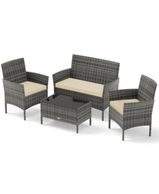 Set Of 4 Patio Furniture Set w/Washable Cushions & Tempered Glass Coffee Table