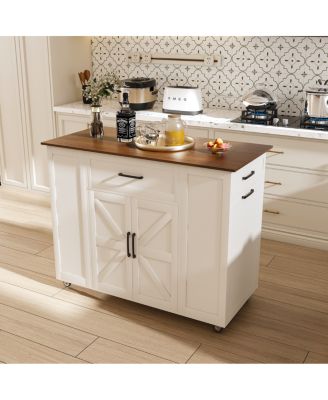 Rolling Kitchen Island with Storage & Power Outlet - Rustic Breakfast Bar Table