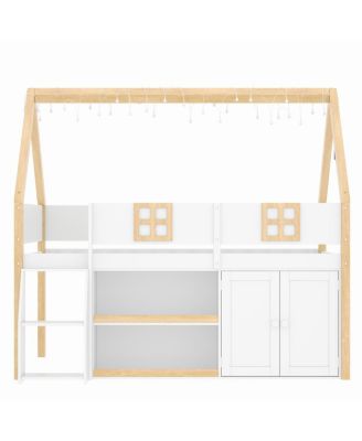 loft bed with Step Staircase, Shelving, Cabinets & LED lights