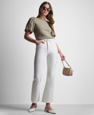 Women's Puffed Crew Neck Mix Media Knit Top