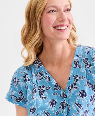 Women's Cotton Gauze V-Neck Short-Sleeve Top