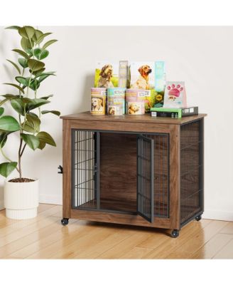 32.5" Dog Crate Furniture End Table with Wheels, 2-Door Heavy Duty Kennel for Small Dogs