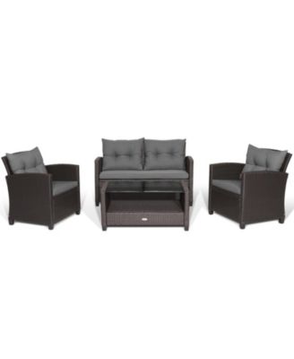 Set Of 4 Patio Rattan Furniture Set Glass Table Shelf Sofa Cushion