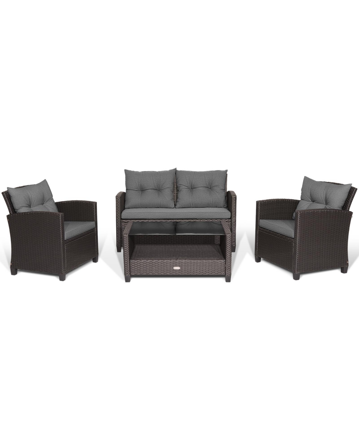 Gymax Set Of 4 Patio Rattan Furniture Set Glass Table Shelf Sofa Cushion