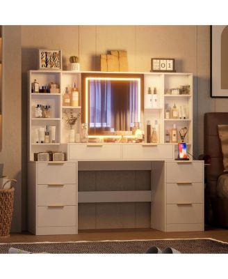  Makeup Vanity Desk with Mirror, Lights & 8 Drawers, 59" Large Table