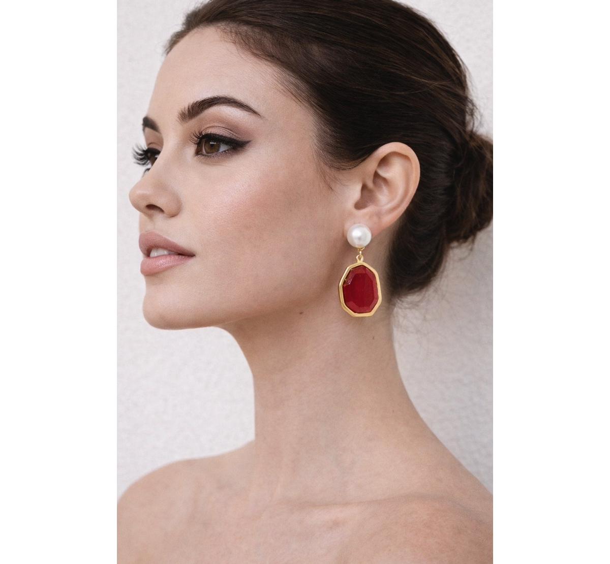 Rivka Friedman Faux Pearl and Carnelian Geometric Drop Earrings