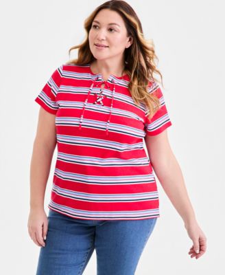 Plus Size Striped Lace-Up Short-Sleeve Top