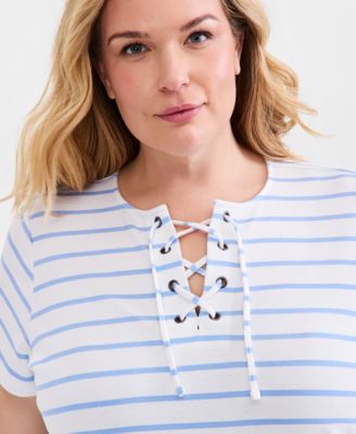 Style & Co Plus Size Striped Lace-Up Short-Sleeve Top