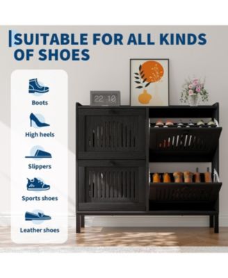 Shoe Cabinet with 4 Flip Drawers, Wooden Organizer with Hollow Panels & Black Handles