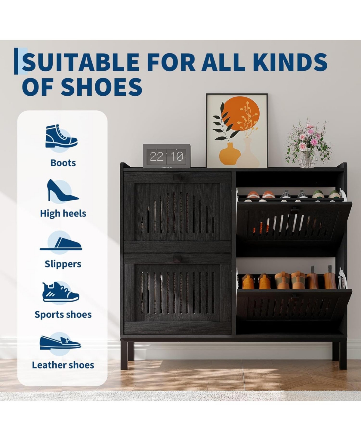 gaomon Shoe Cabinet with 4 Flip Drawers, Wooden Organizer with Hollow Panels & Black Handles