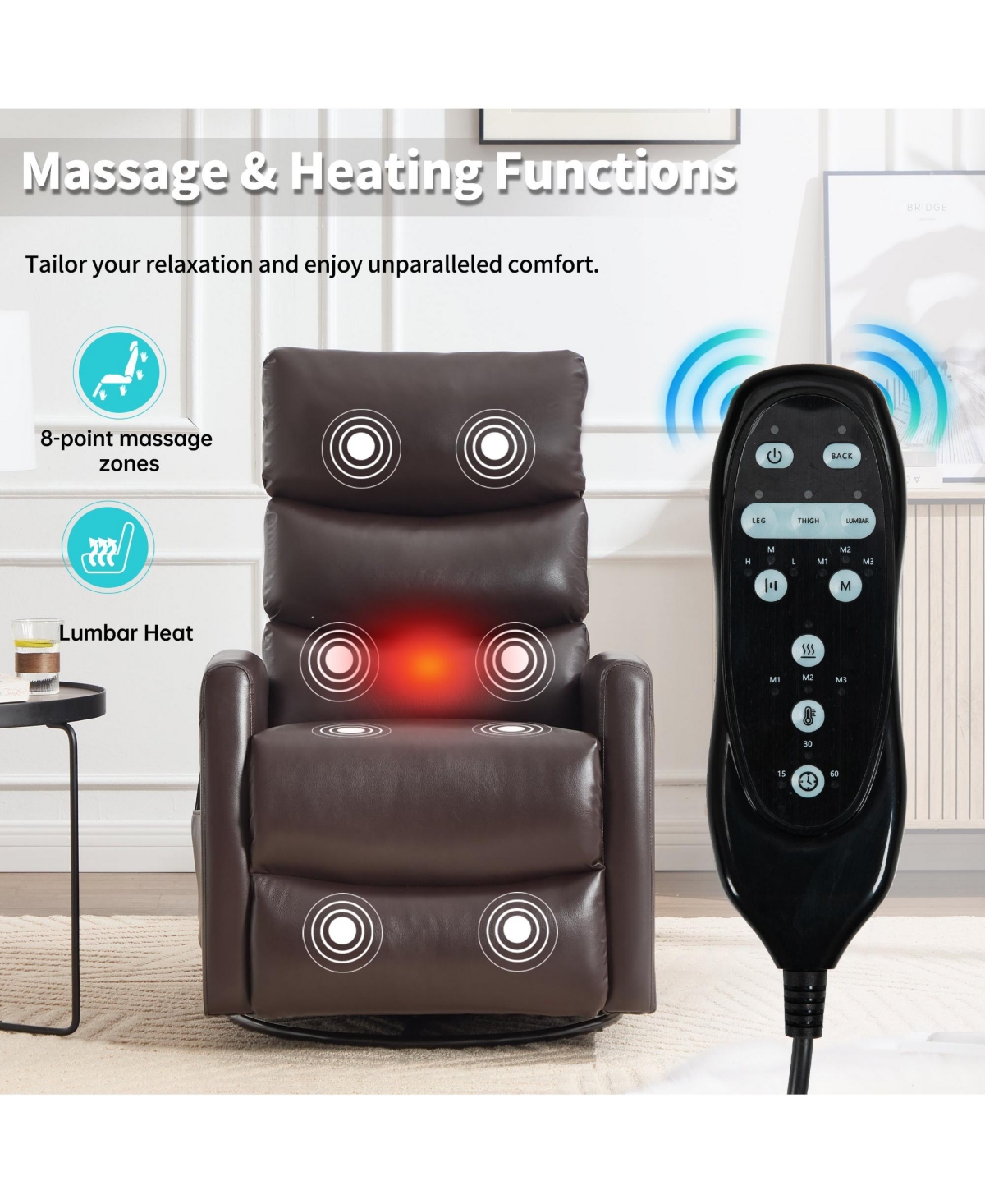 Boyel Living Manual Recliner Chair with Heat & Massage for Room, Faux Leather - Rocker Swivel Chair.