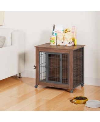 27.2" Dog Crate Furniture End Table with Wheels, 2-Door Heavy Duty Kennel for Small Dogs