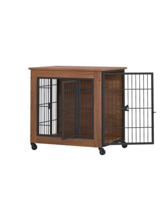 27.2" Dog Crate Furniture End Table with Wheels, 2-Door Heavy Duty Kennel for Small Dogs